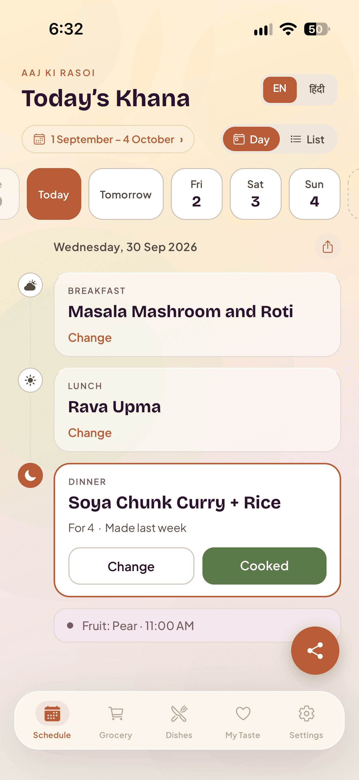 The same day view in English — Today’s Khana, breakfast, lunch and dinner for Wednesday, each with a Change button, the dinner card marked Cooked, and a daily fruit reminder