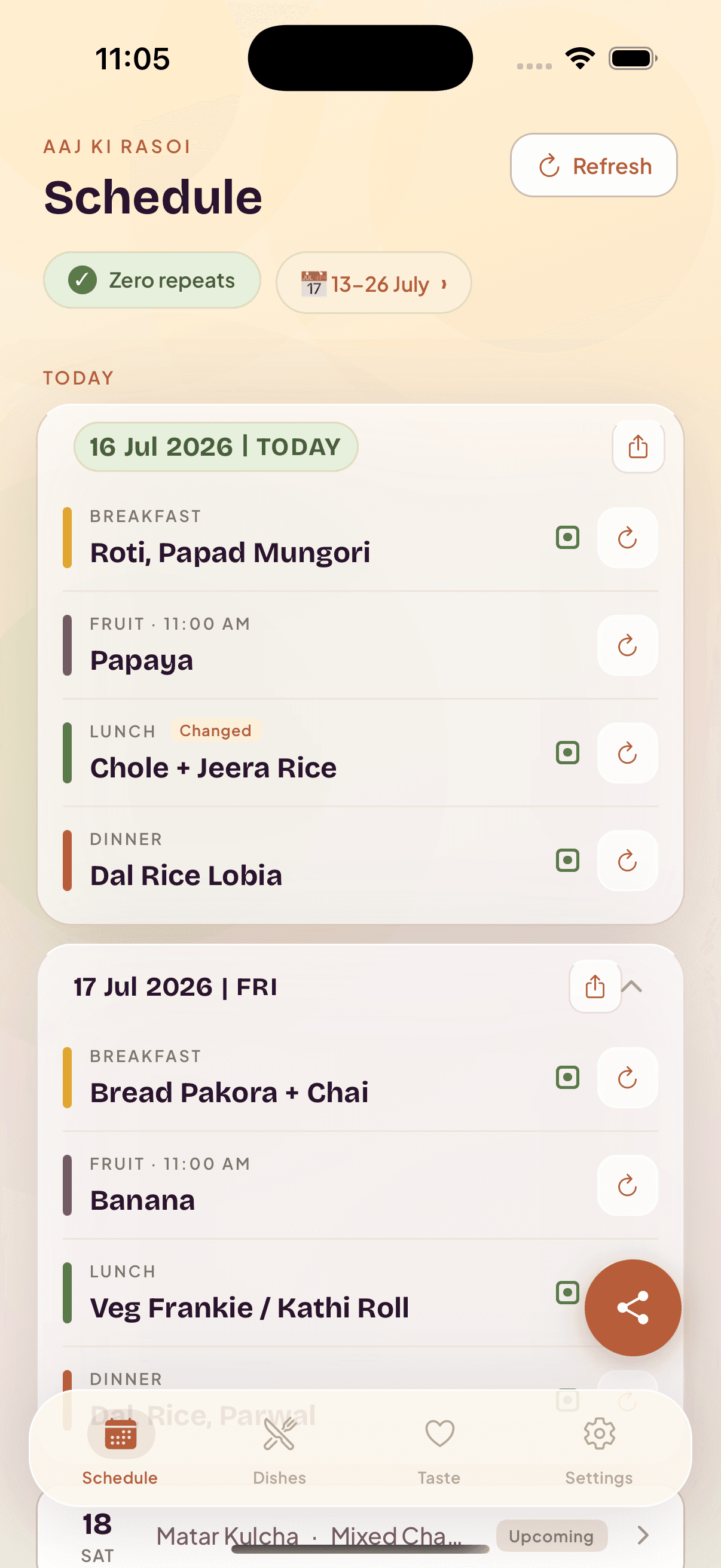 This week meal plan grid screen