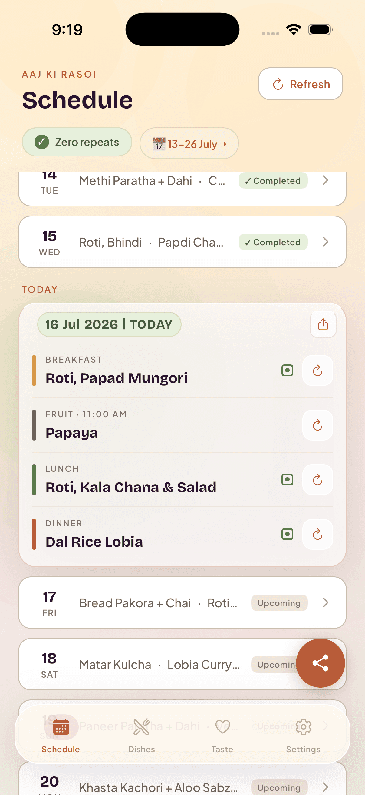 Weekly meal plan screen