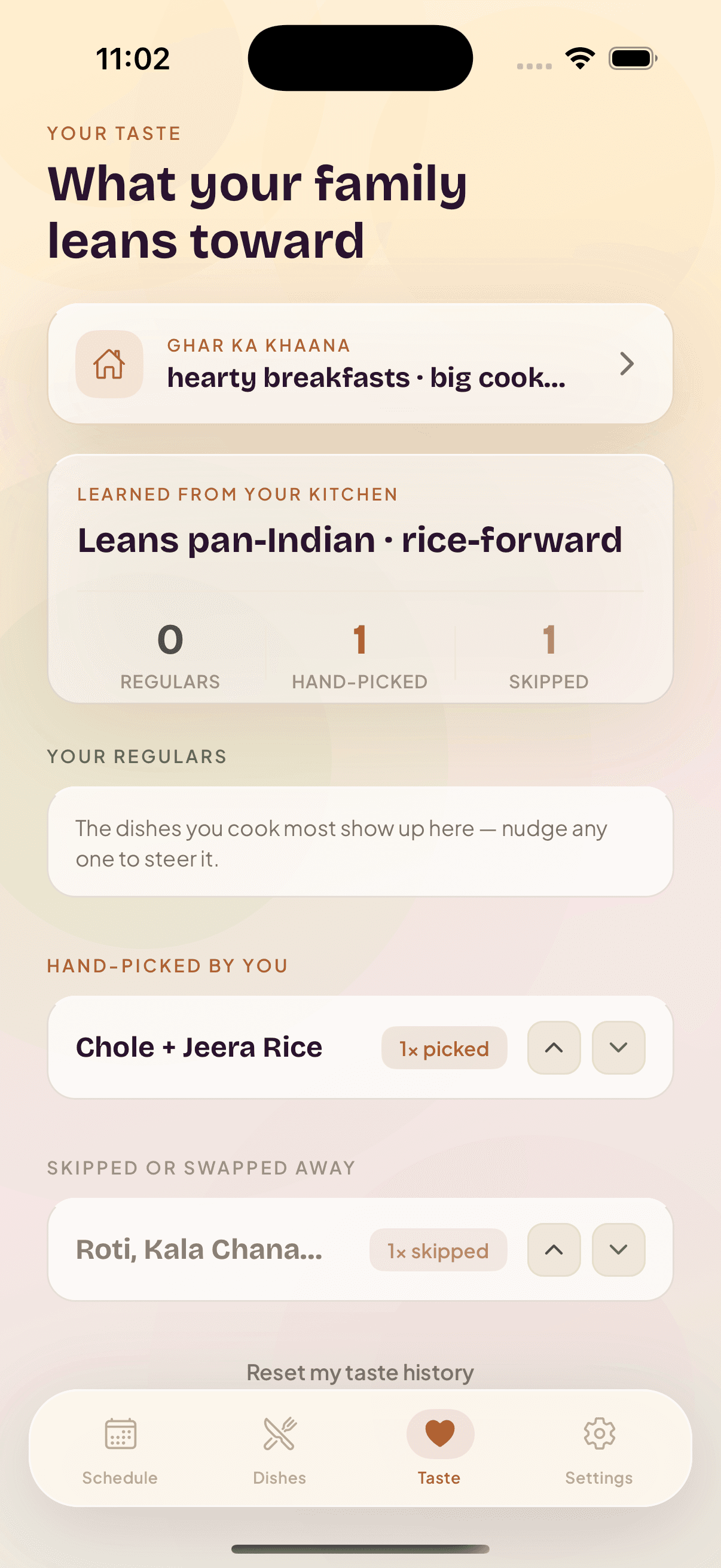 Taste Engine learning screen