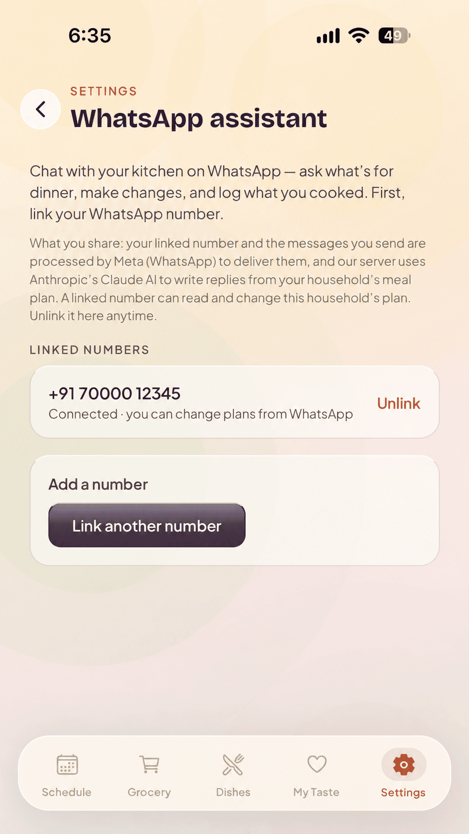 The WhatsApp assistant screen — one linked number marked Connected with an Unlink button, a Link another number button, and a note that Meta delivers the messages and Claude writes the replies