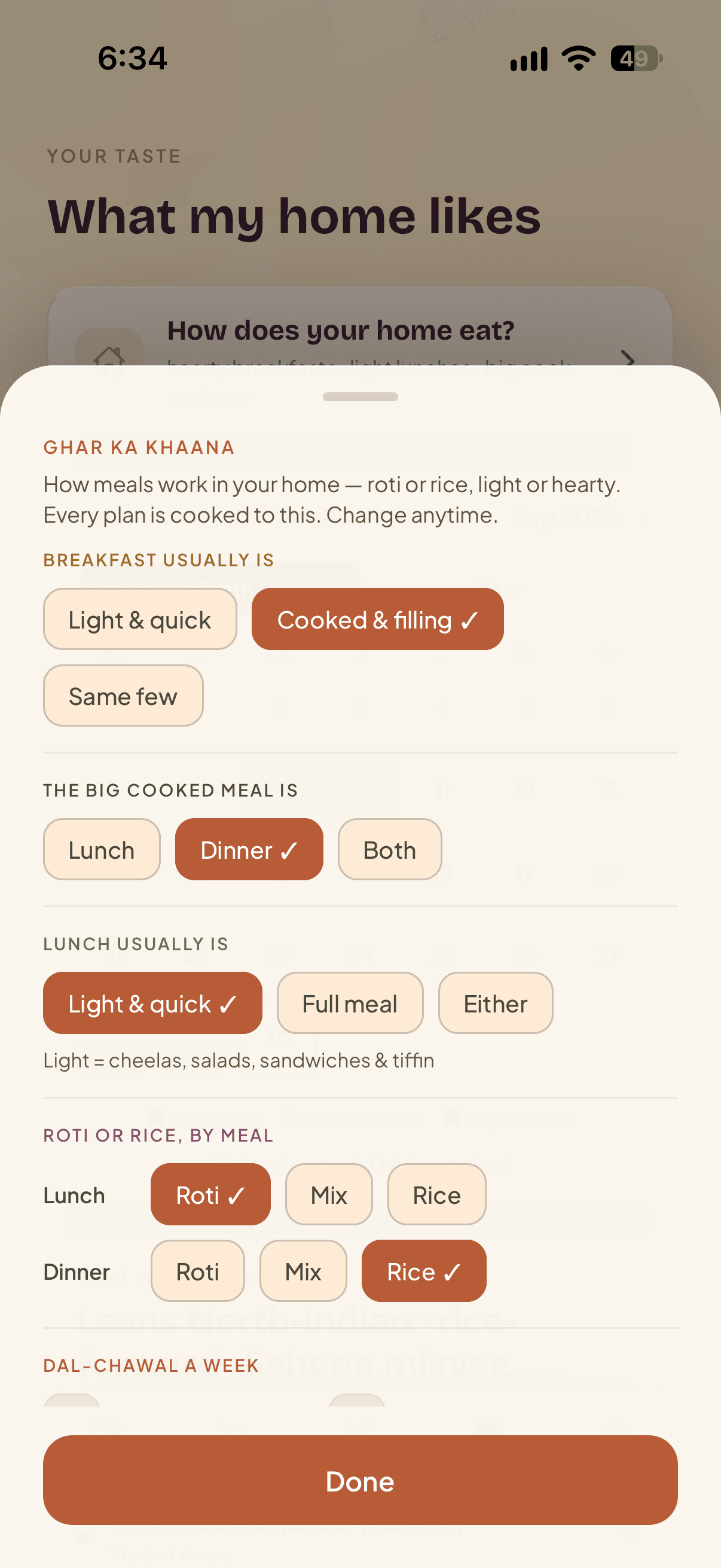 The Ghar ka khaana sheet — choosing whether breakfast is light or cooked, which meal is the big one, and roti or rice at lunch and dinner